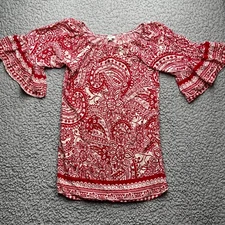 Umgee Tunic Top Womens Small Red Paisley Flare Sleeve Boho Boat Neck Shirt Dress