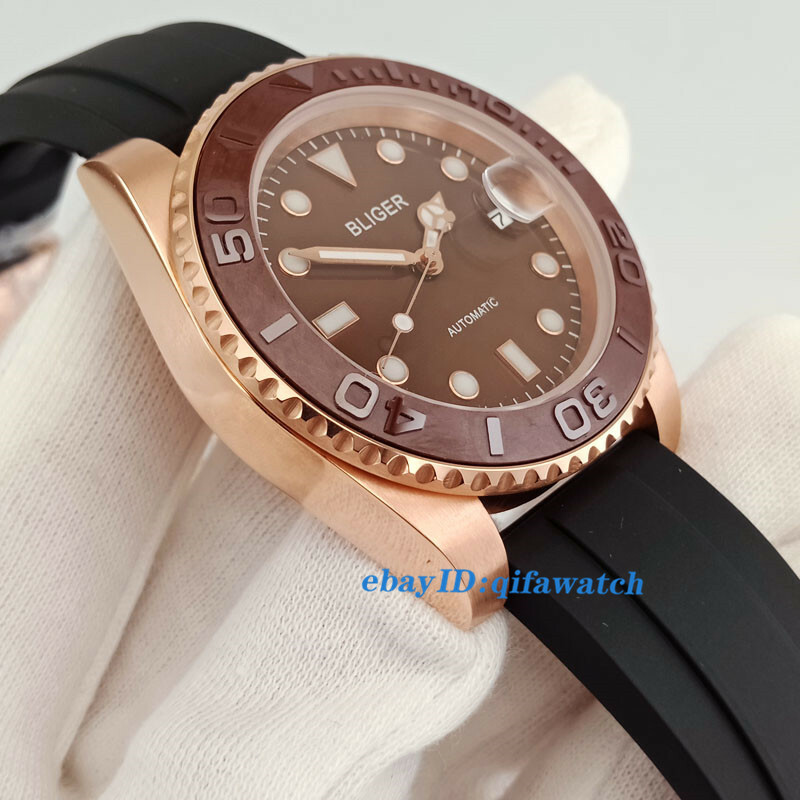 40mm BLIGER Rose gold case brown dial sapphire crystal automatic men