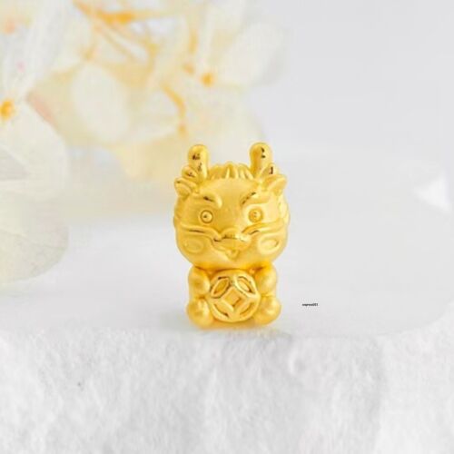 Pure 999 24K Yellow Gold Bead Lucky Men Women Zodiac Coin Dragon Pendant 1.42g - Afbeelding 1 van 5