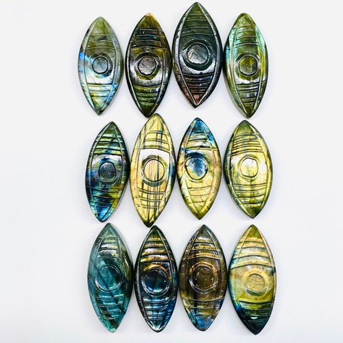 12 Pcs Natural Labradorite 32.5-38mm Marquise Carved Eye Flashy Losse Gemstones - Picture 7 of 13