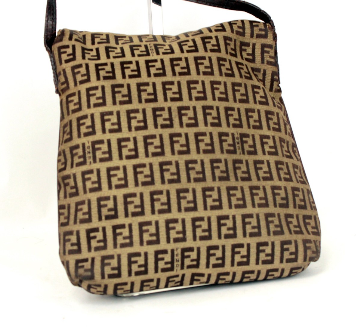 FENDI Zucca Brown Nylon Leather Shoulder Bag Purse Accessories