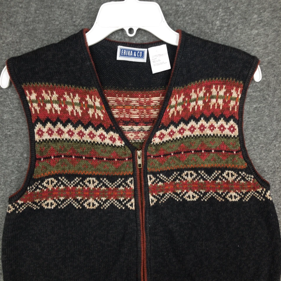 Erika & Co Vintage Fair Isle Tejido Cuello en V Cremallera Suéter Chaleco Gris Rojo Talla Grande Foto 2 de 4