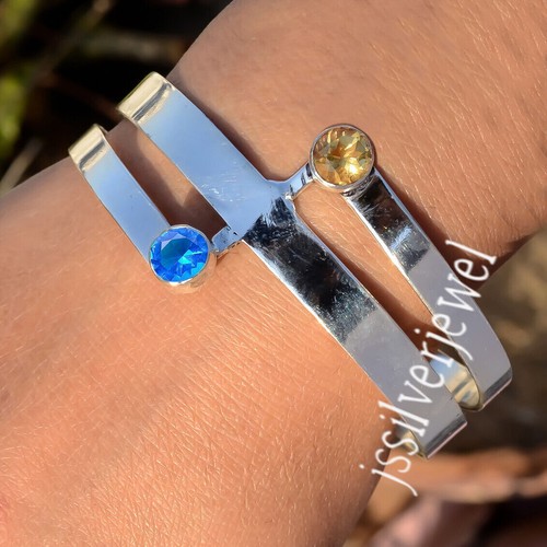 Bracelet Manchette Femme Argent 925 Avec Tanzanite Et Citrine - Fait Main Ancien