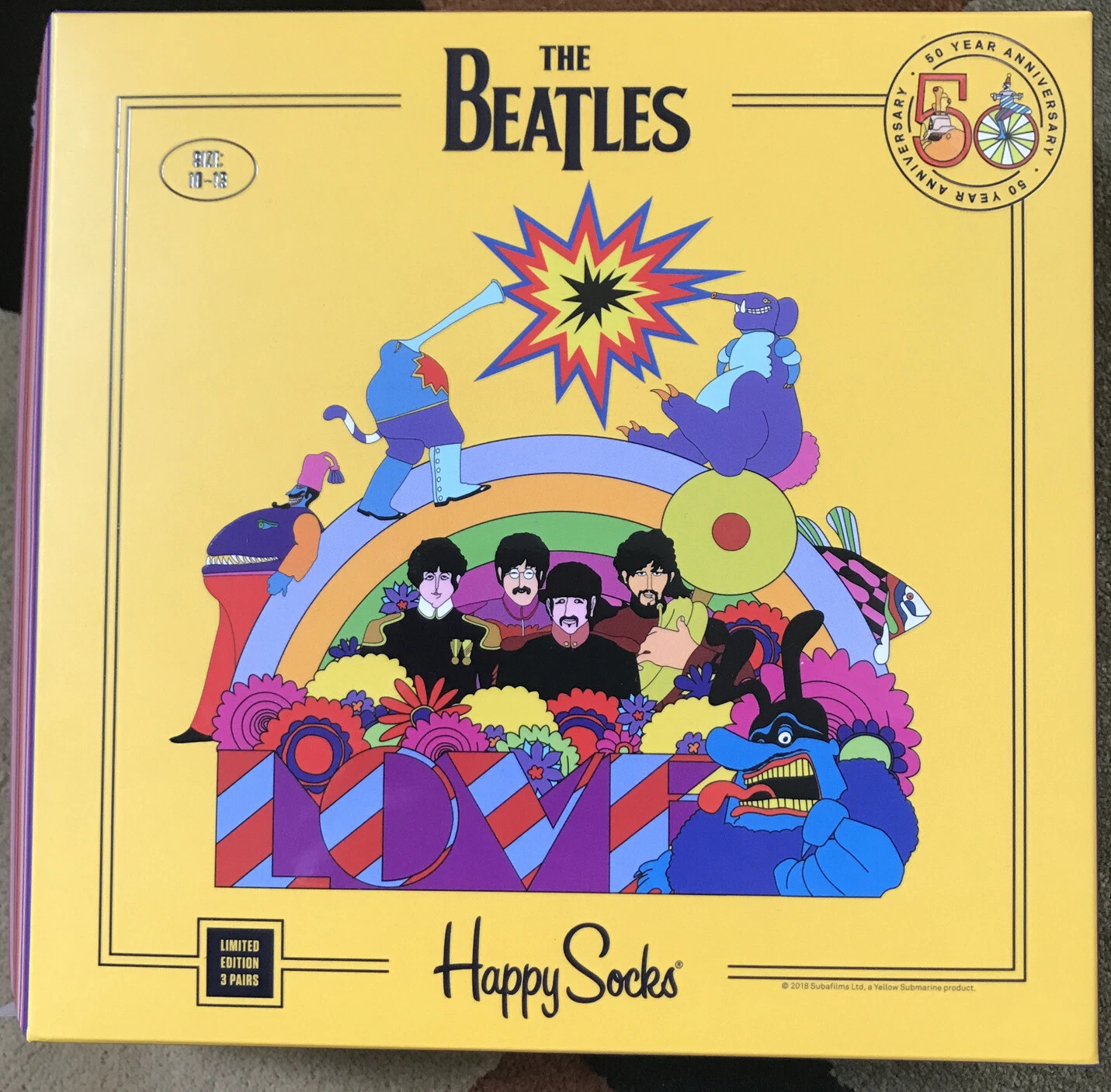 THE BEATLES 50 YEAR ANNIV HAPPY SOCKS-SIZE 10-13-LIMITED EDITION 3 PAIRS-MUSIC