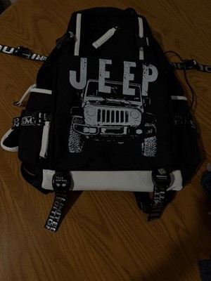 Jeep Backpack Black White Canvas USB Headphone Port Adjustable Strap