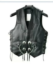 Men's Black Original Leather Vest Chain Concho Motorcycle Biker Waistcoat New