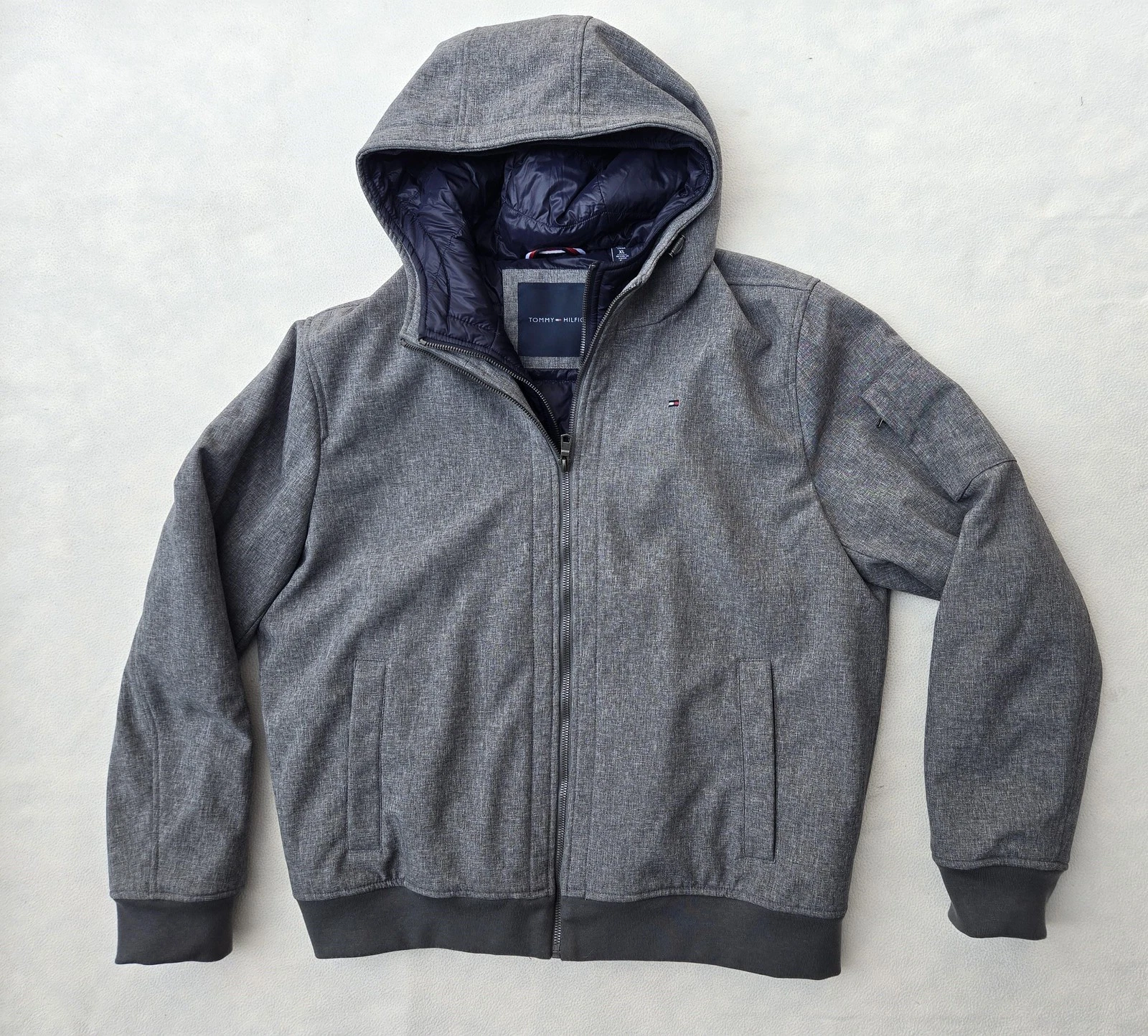 Tommy Hilfiger Jacket Mens XL Gray Hooded Full Zip Quilted Puffer Coat Classic