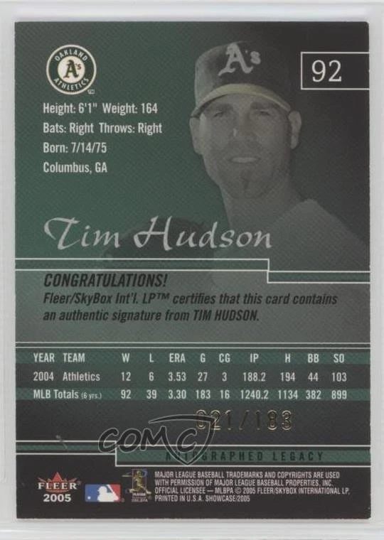 2005 Fleer Showcase Auto Legacy /183 Tim Hudson #92 Auto - Image 2 of 2