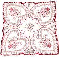 Vintage Valentine's Red Hearts and Daisies Lady's Hankie 14" Square Handkerchief