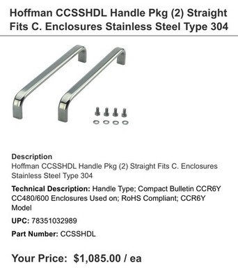 Hoffman CCSSHDL Handle Pkg (2) Straight Fits C. Enclosures Stainless Steel