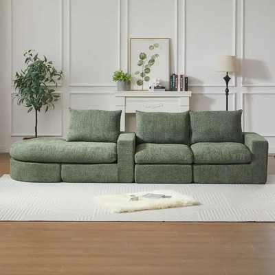 Green Chenille 3 Seater Modular Sofa with Chaise Lounge, Frameless Without