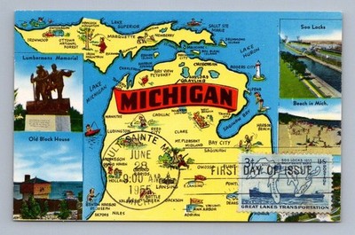 Vintage Michigan Postcard Soo Locks Map Water Wonderland 1957