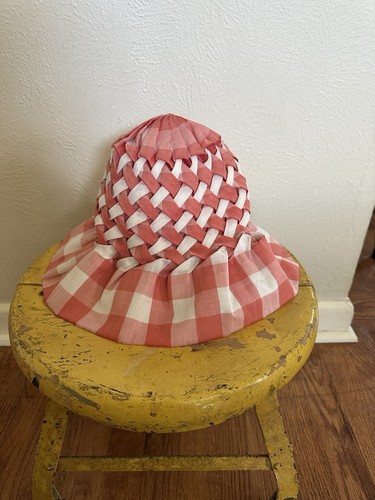 Vintage 1950s Gingham Bucket Floppy Sun Hat Basket Weave Red White L