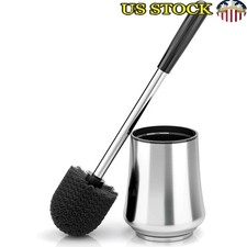 Silver Toilet Brush Holder Set Ergonomic Handle Deep Clean Compact Design New