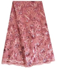 African Lace Fabric 5 Yards Sequins Embroidery for Party Dress Pink SanVe...