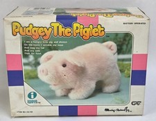 Vintage 1986 Pudgey The Piglet Plush Walking Oinking Moving Toy Pig Iwaya w/ Box