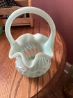 Fenton Dotted Swiss Willow Green Opalescent Spiral Optic 8" T Basket, 3131 GB