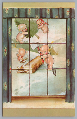 View Through Window Chopping Down Tree - Reproduction Kewpie O'Neill Postcard