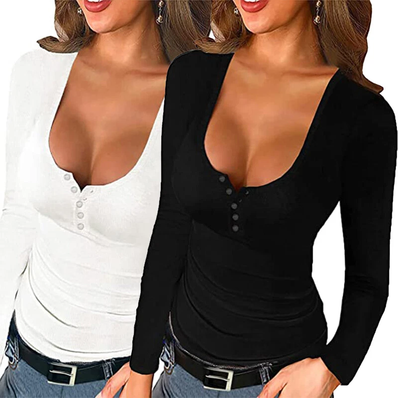 Women's Scoop Neck Henley Low Cut Solid Color Fall Long Sleeve Button Down  Shirt