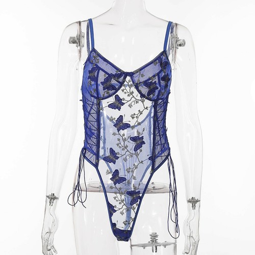 Women Sexy Lace Up Floral Embroidered Teddy Lingerie Bodysuit Top Mesh Sheer - Picture 7 of 18
