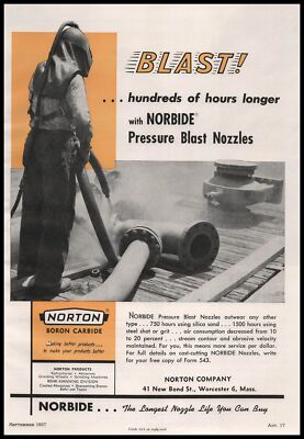 #ad 1957 Norton Co. Boron Carbide Pressure Nozzle Blast Suit Photo Vintage Print Ad $13.80