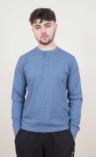 Mens Long Sleeve Cotton T-Shirt Regular Fit Crew Neck or Henley Top Lounge Work - Picture 54 of 72