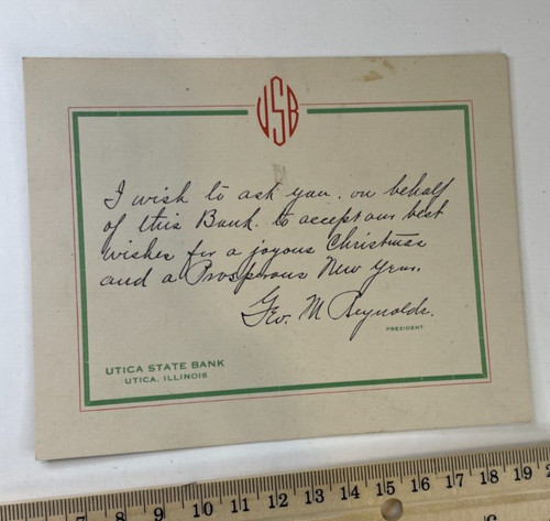 Christmas Card from Utica State Bank Utica Illinois signed by Bank President