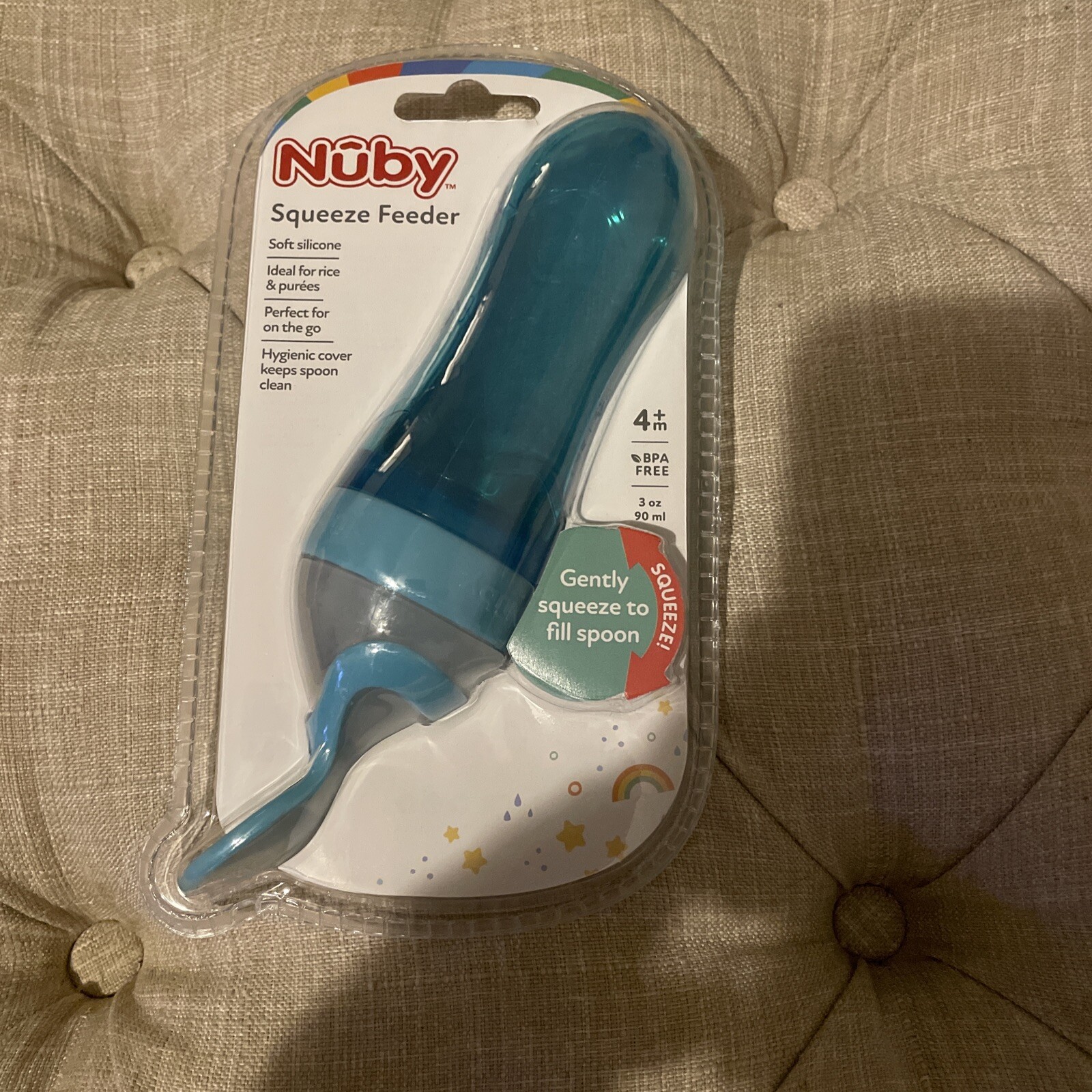 Nuby Silicone Squeeze Feeder with Spoon - Easy to Use - Aqua - BPA Free