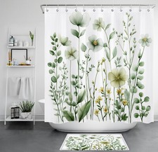 Garden Wildflower Sage Green Leaf Plant Shower Curtain Set for Bathroom Decor