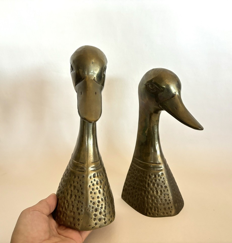Vintage Brass Plated Ducks Heads Bookends Figures Set Of 2 Heavy 9.5