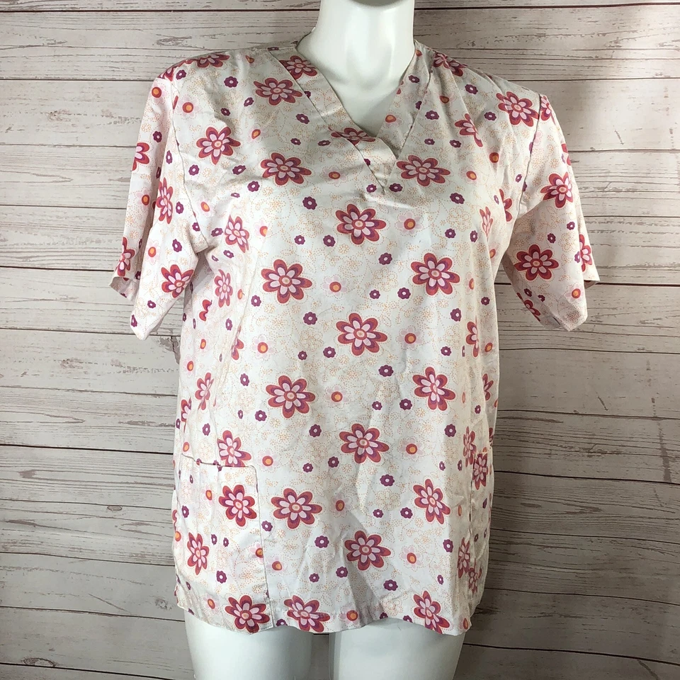 Natural Uniforms Scrubs Size Medium Top Short Sleeve Pink White Floral Medical - Image 2 of 4