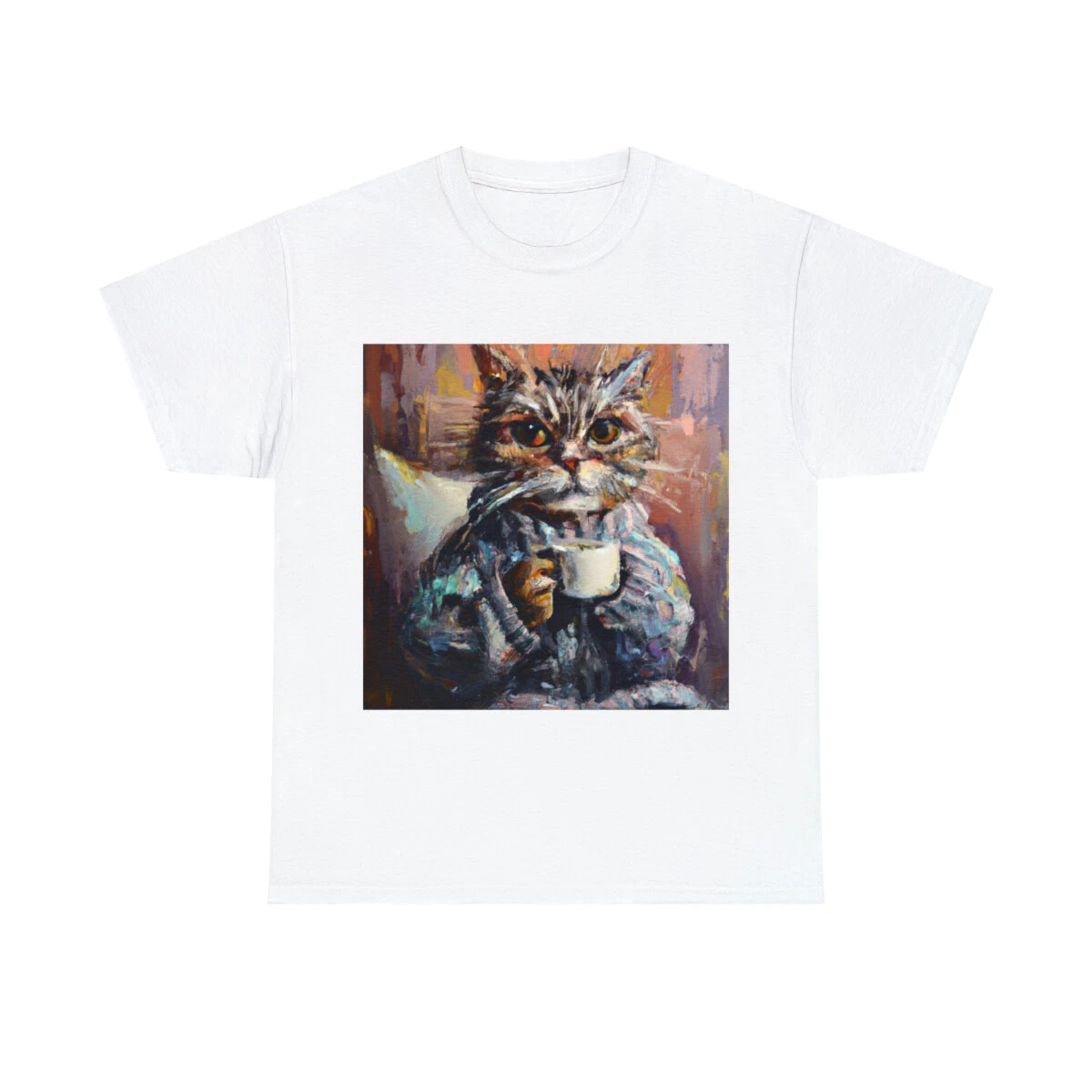 Cat Fine Art T Shirt Unisex Feline Wearing Comfy Sweater and Drinking Coffee
Opens in a new window o