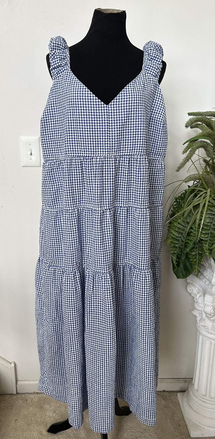 Old Navy Blue White Gingham Baby Doll Puff Sleeveless Tiered Maxi Dress 2XL eBay