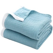 Cotton Muslin Blankets 4-Layer Blue Blankets for Bed CouchThermal Blanket for...