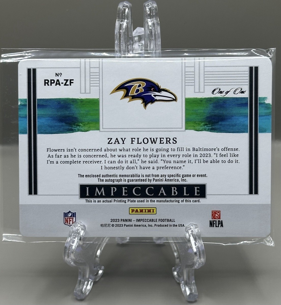 Zay Flowers 2023 Panini Impeccable Printing Plate RPA RC Patch