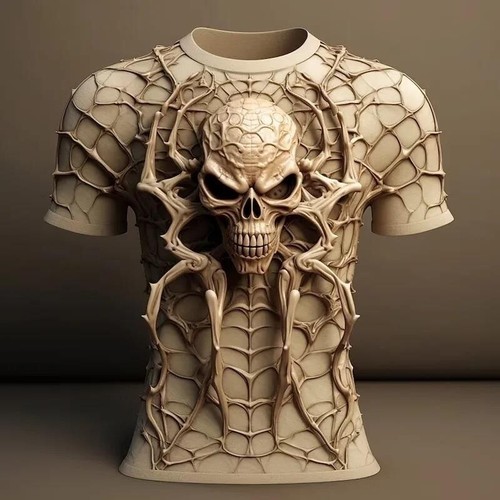 New Men's 3d Skull Spider T Shirt Stretch Crew Neck Printed Front & Reverse - Picture 6 of 7