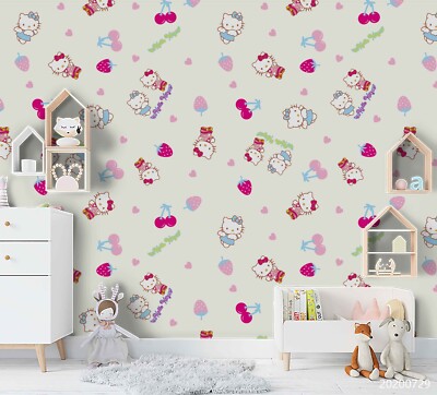 3D Cartoon Cat Fruits Pattern Red Self-adhesive Removeable Wallpaper Wall Mural