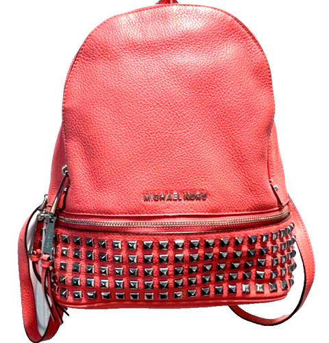 MICHAEL KORS Rhea Small Studded Pebble Leather Backpack/Bag-Coral/Silver/STYLE!