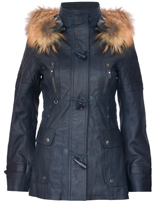 Mujer Cuero Azul Parka Acolchado Capucha Desmontable Abrigo