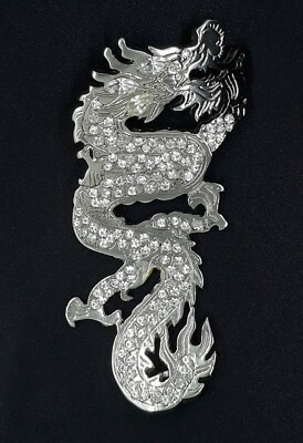 Pewter Rhinestone Dragon Pin 4'' Length 