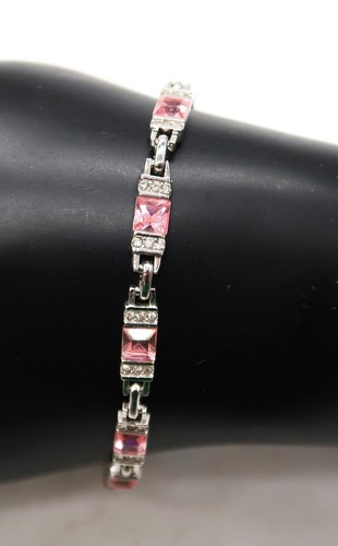 Hermosa pulsera de 7" de colección tono plata rosa corte cuadrado y pequeños detalles de diamantes de imitación - Imagen 6 de 13