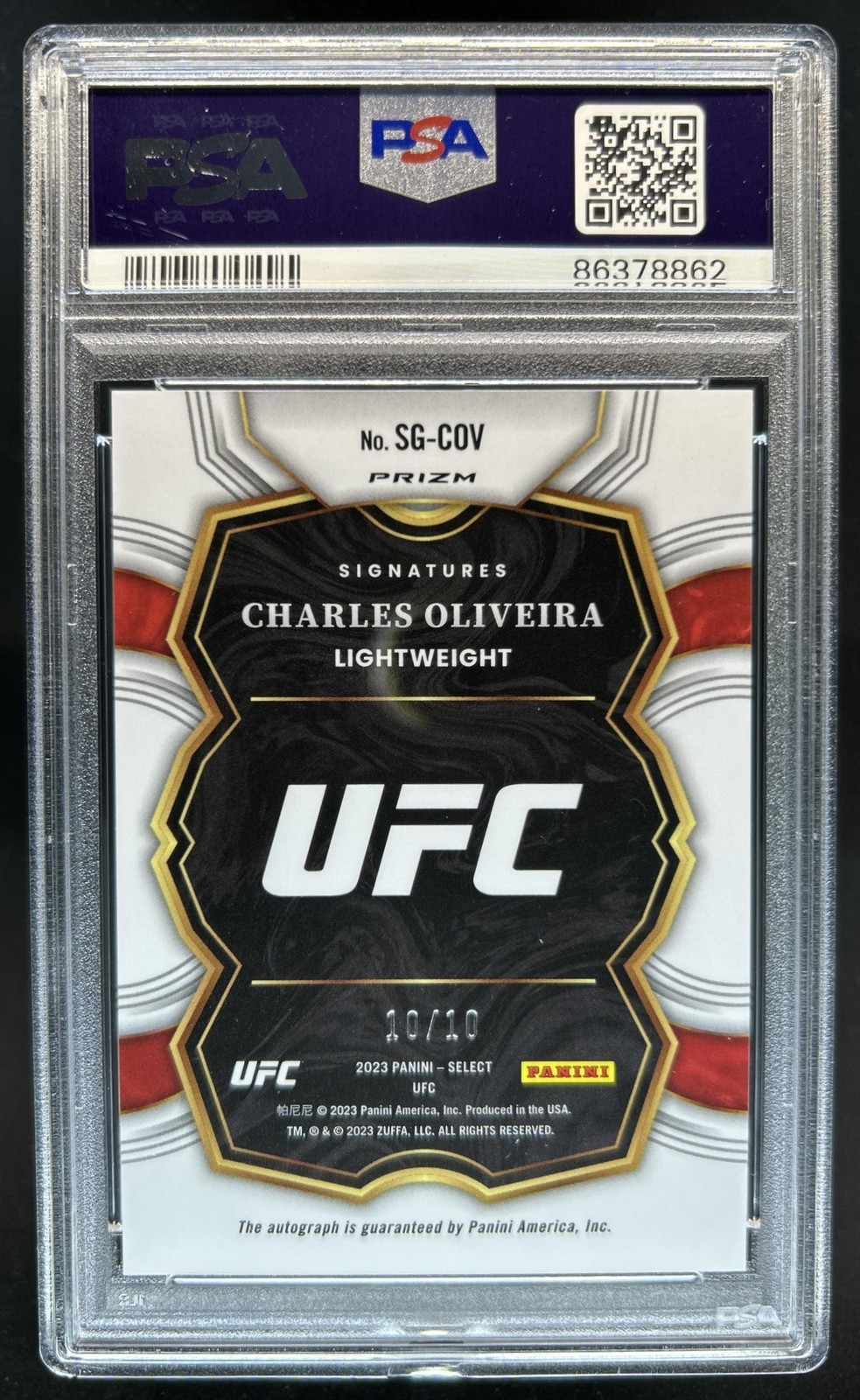 2023 Panini Select UFC Charles Oliveira Signatures Gold Prizm Auto #/10 PSA 10 view 2