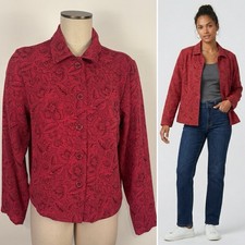 VTG Coldwater Creek Womens M Floral Jacquard Jacket Red Textured Shirt Jacket