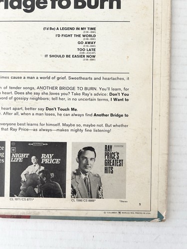 RAY PRICE Another Bridge To Burn Vinyl Record LP Pop Country - Picture 15 of 24