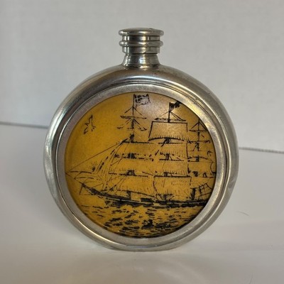 Vintage English Pewter 4oz Round Hip Flask Faux Scrimshaw Nautical Sailing Ship