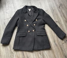 H M Black Tweed Boucle Double Breasted Gold Button Blazer Jacket Size M