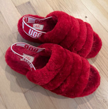 UGG Fluff Yeah Women  s Red Faux Fur Lined Slide Slipper Logo Strap 8