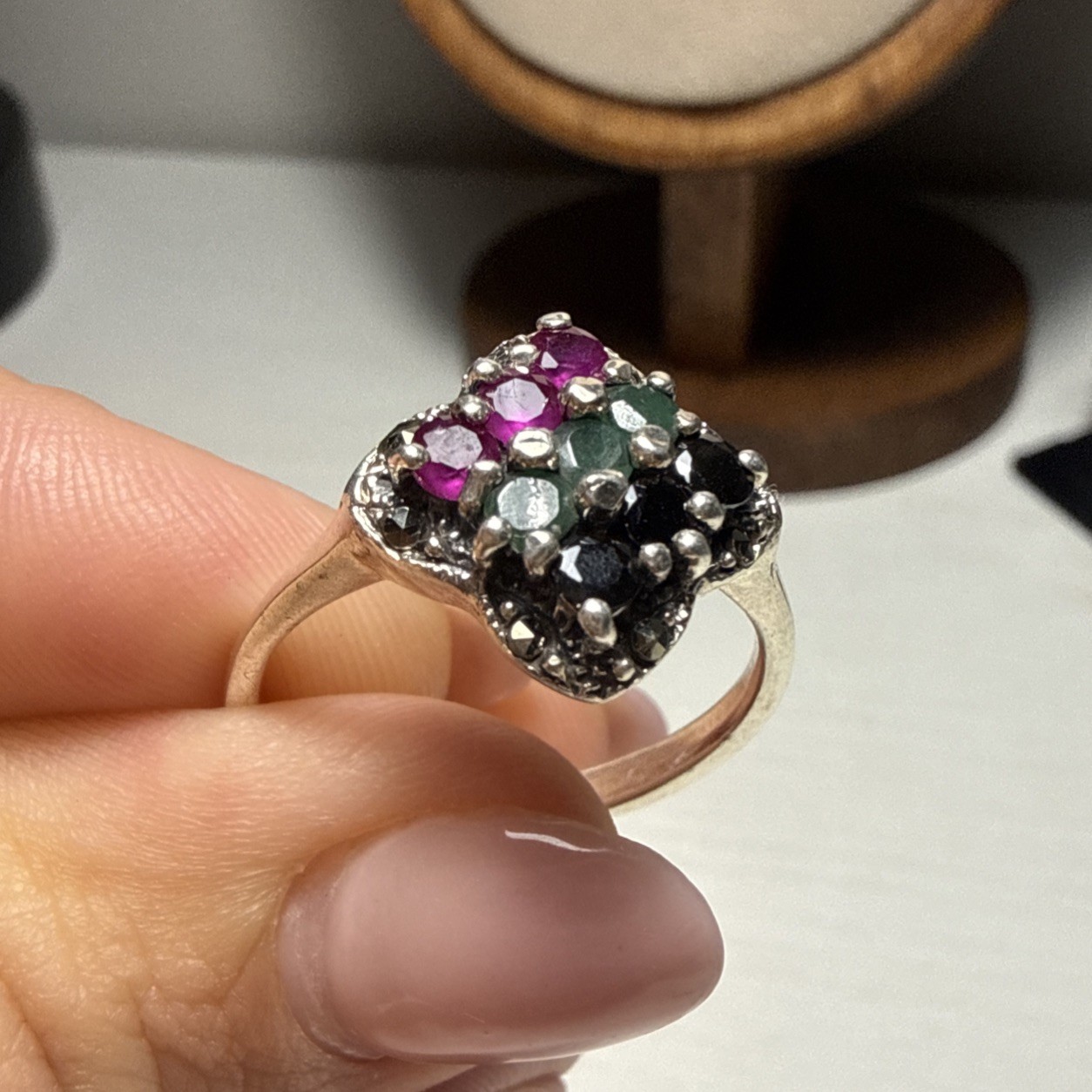 Ruby Sapphire Emerald Ring Marcasite Accents 925 … - image 1