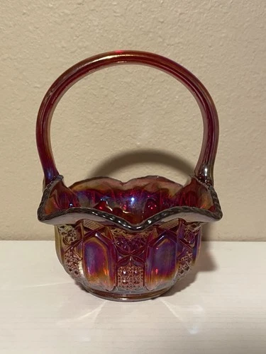 SUNSET RED - Large Handled Carnival Iridescent Glass Basket - LE Smith