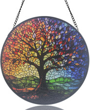 Stained Glass Sun Catcher,Colorful Tree of Life Glass Window Hanging Garden Deco